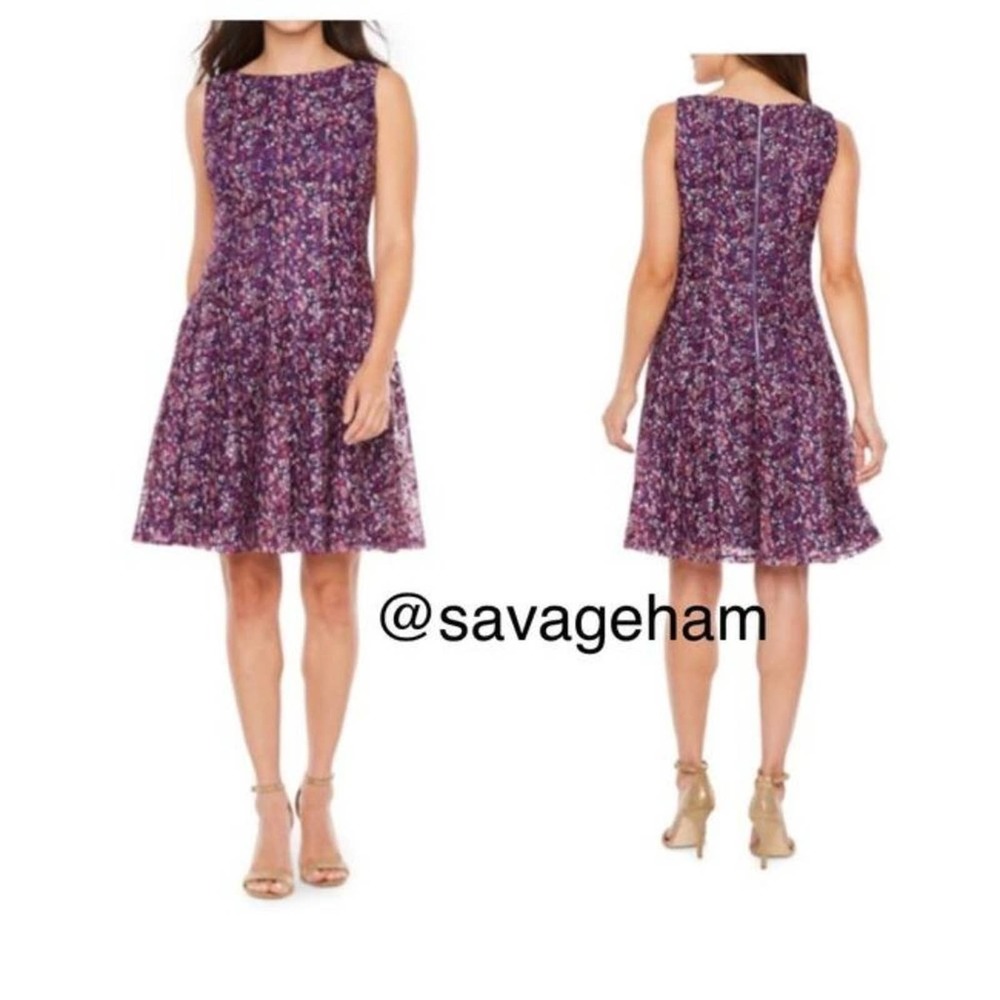 Danny & Nicole Purple Sleeveless Lace Floral Fit Flare Cocktail Dress